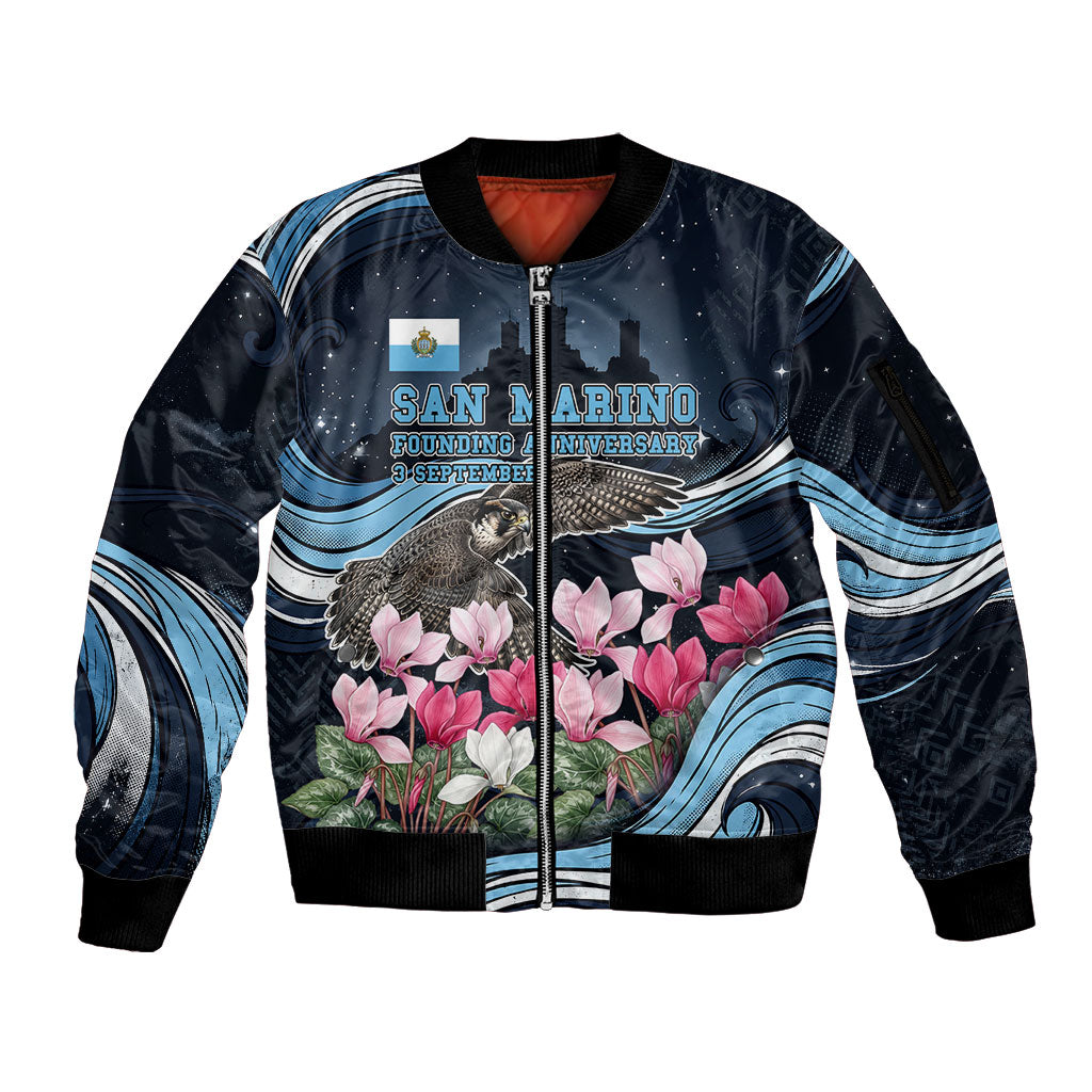 San Marino Founding Anniversary Sleeve Zip Bomber Jacket Freedom Peregrine Falcon - Cyclamen Flowers Towers Flag