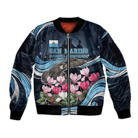 San Marino Founding Anniversary Sleeve Zip Bomber Jacket Freedom Peregrine Falcon - Cyclamen Flowers Towers Flag
