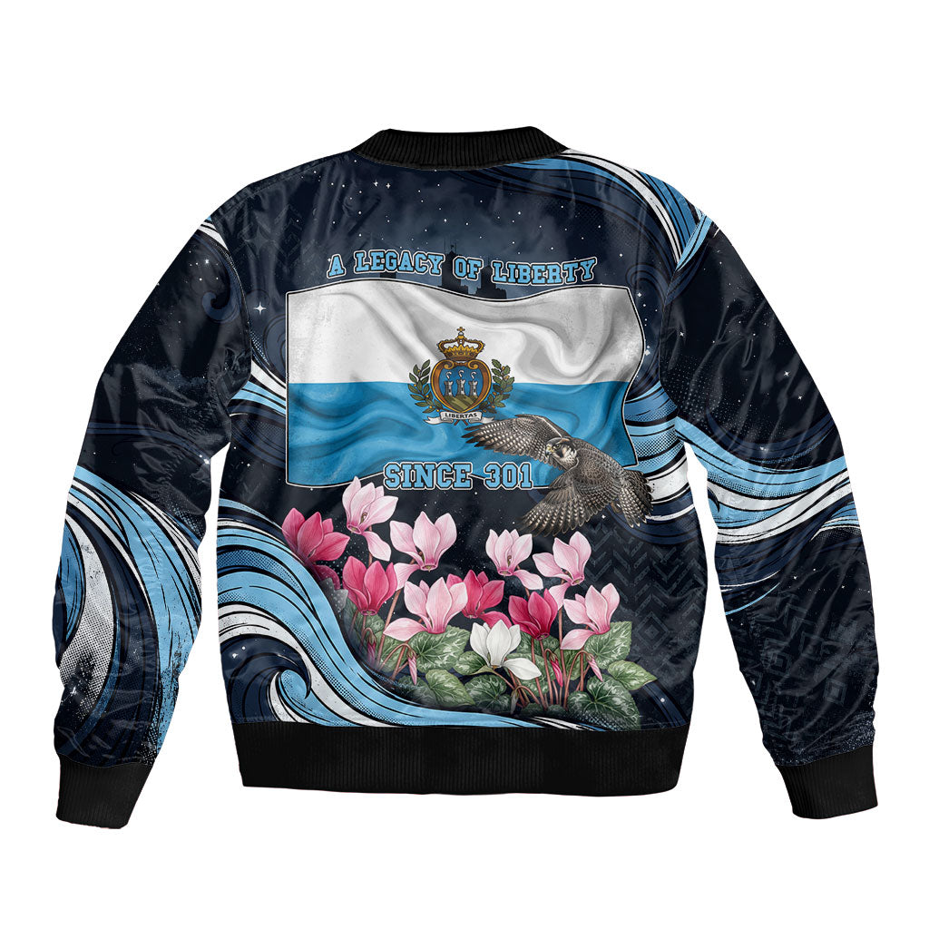San Marino Founding Anniversary Sleeve Zip Bomber Jacket Freedom Peregrine Falcon - Cyclamen Flowers Towers Flag