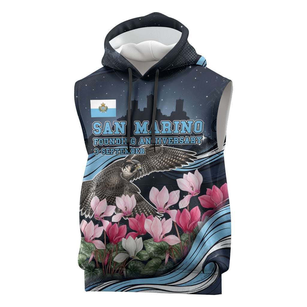 San Marino Founding Anniversary Sleeveless Hoodie Freedom Peregrine Falcon - Cyclamen Flowers Towers Flag