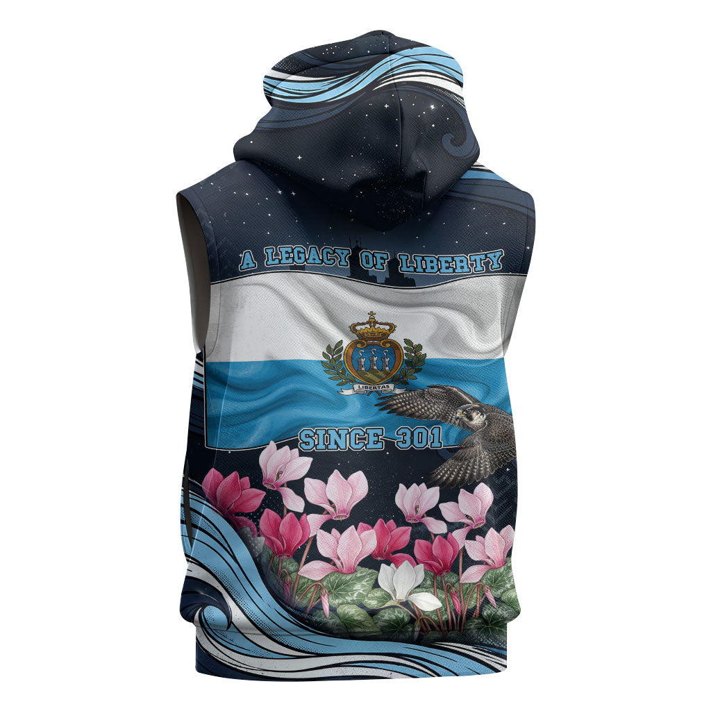 San Marino Founding Anniversary Sleeveless Hoodie Freedom Peregrine Falcon - Cyclamen Flowers Towers Flag