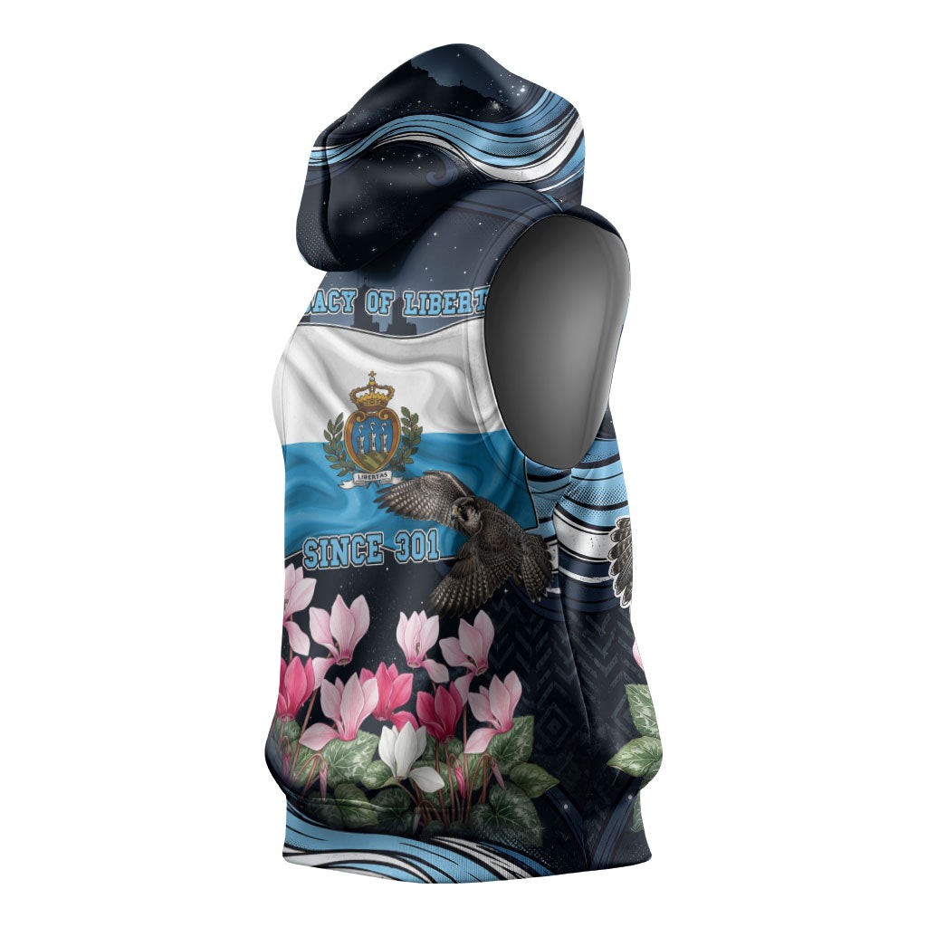 San Marino Founding Anniversary Sleeveless Hoodie Freedom Peregrine Falcon - Cyclamen Flowers Towers Flag