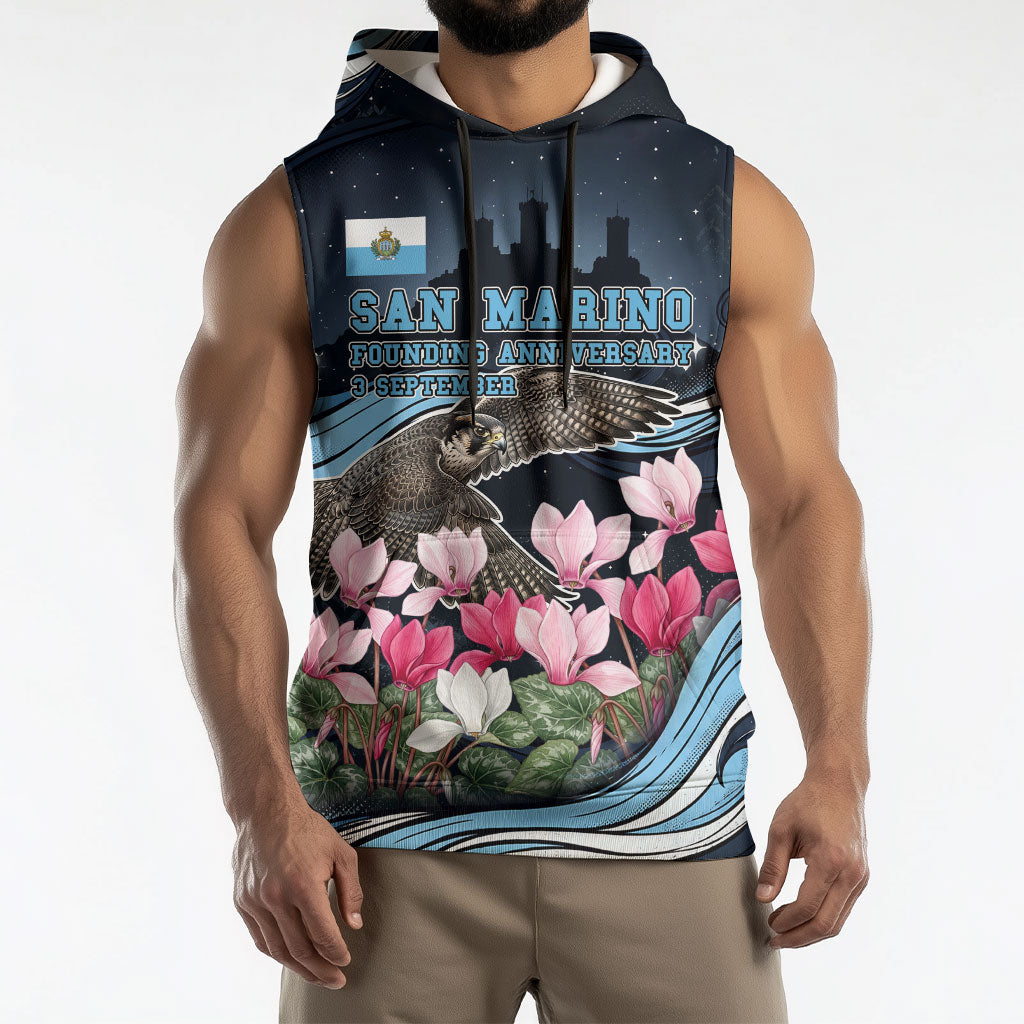 San Marino Founding Anniversary Sleeveless Hoodie Freedom Peregrine Falcon - Cyclamen Flowers Towers Flag
