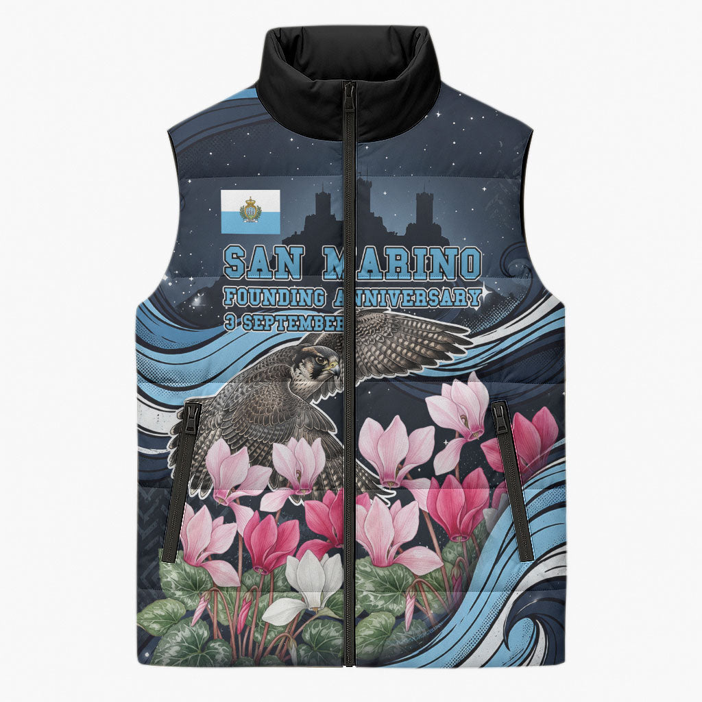 San Marino Founding Anniversary Sleeveless Puffer Jacket Freedom Peregrine Falcon - Cyclamen Flowers Towers Flag