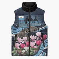 San Marino Founding Anniversary Sleeveless Puffer Jacket Freedom Peregrine Falcon - Cyclamen Flowers Towers Flag