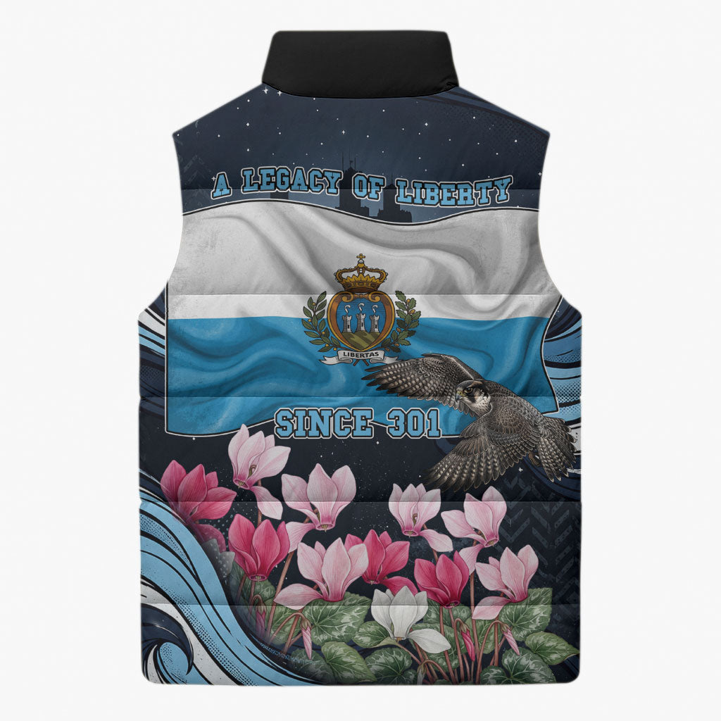 San Marino Founding Anniversary Sleeveless Puffer Jacket Freedom Peregrine Falcon - Cyclamen Flowers Towers Flag