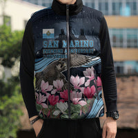 San Marino Founding Anniversary Sleeveless Puffer Jacket Freedom Peregrine Falcon - Cyclamen Flowers Towers Flag