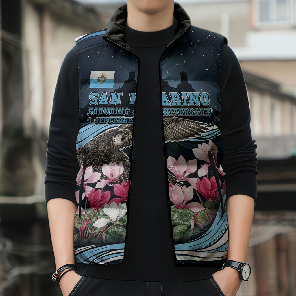 San Marino Founding Anniversary Sleeveless Puffer Jacket Freedom Peregrine Falcon - Cyclamen Flowers Towers Flag