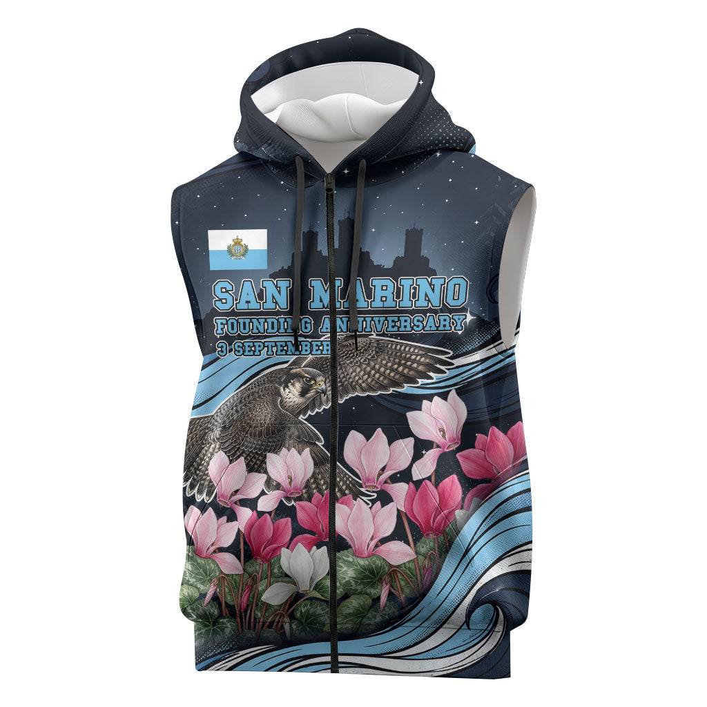 San Marino Founding Anniversary Sleeveless Zip Hoodie Freedom Peregrine Falcon - Cyclamen Flowers Towers Flag