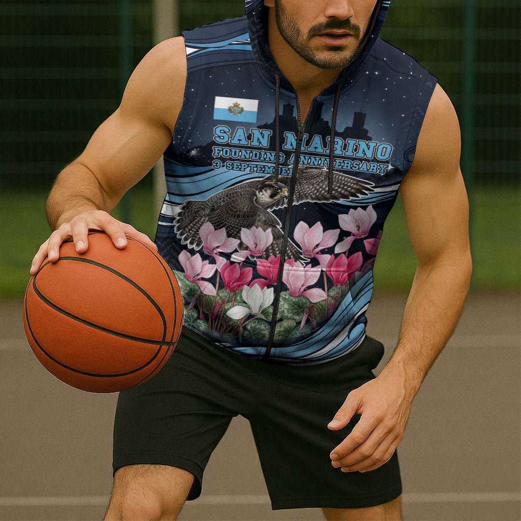 San Marino Founding Anniversary Sleeveless Zip Hoodie Freedom Peregrine Falcon - Cyclamen Flowers Towers Flag