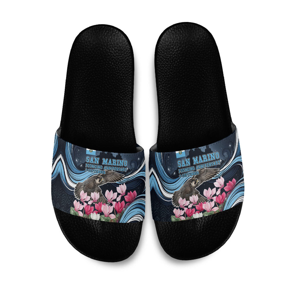 San Marino Founding Anniversary Slide Sandals Freedom Peregrine Falcon - Cyclamen Flowers Towers Flag