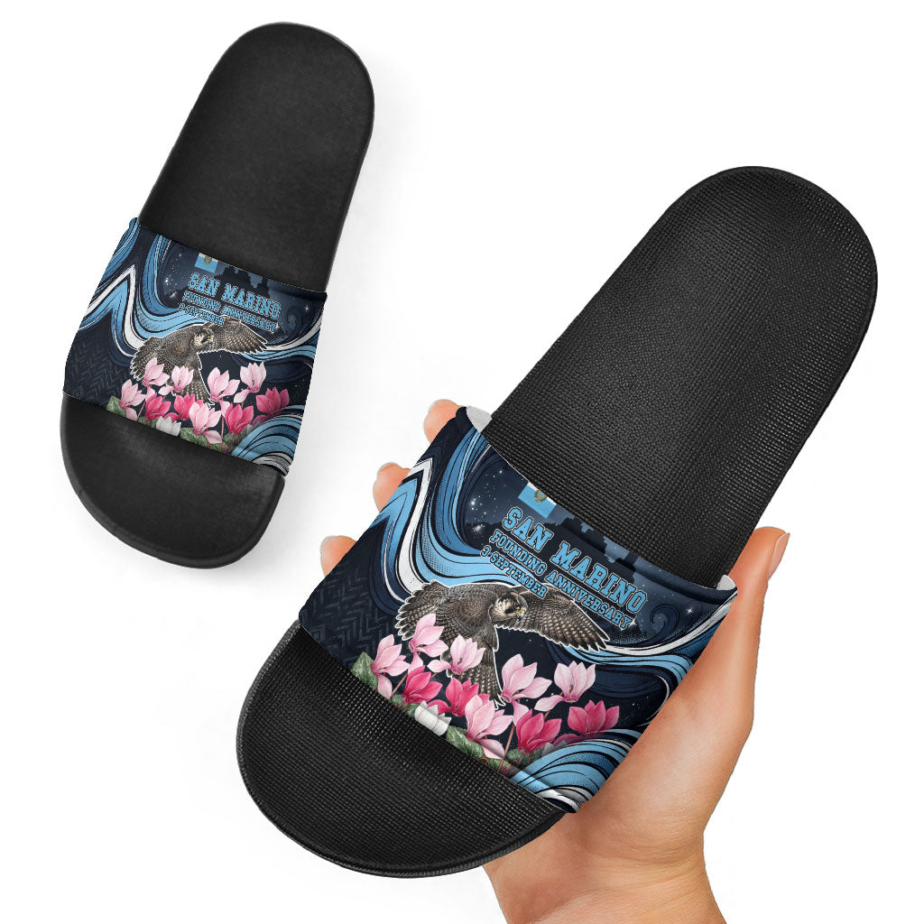 San Marino Founding Anniversary Slide Sandals Freedom Peregrine Falcon - Cyclamen Flowers Towers Flag