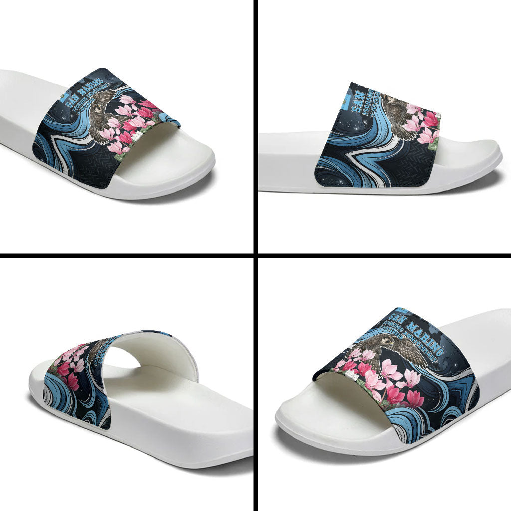 San Marino Founding Anniversary Slide Sandals Freedom Peregrine Falcon - Cyclamen Flowers Towers Flag