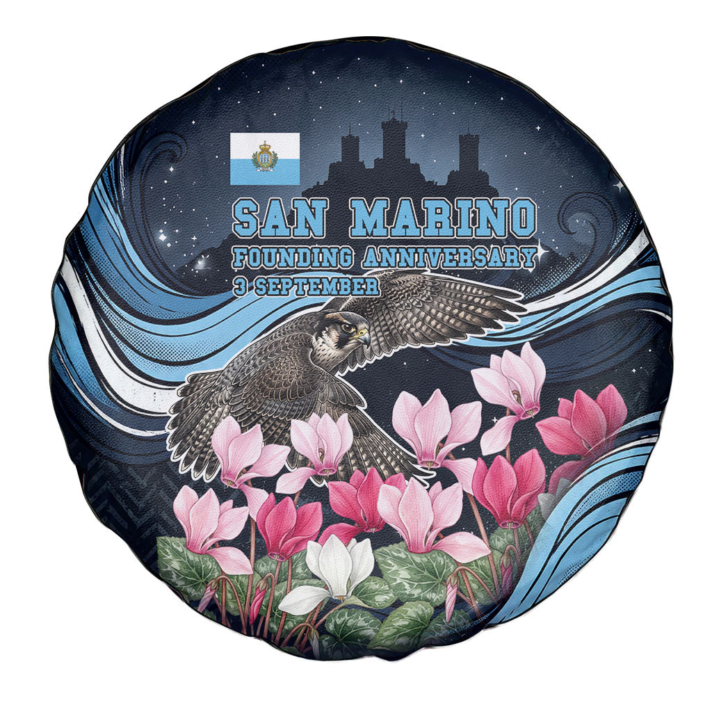 San Marino Founding Anniversary Spare Tire Cover Freedom Peregrine Falcon - Cyclamen Flowers Towers Flag