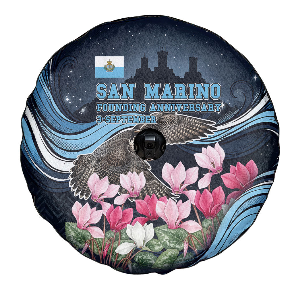 San Marino Founding Anniversary Spare Tire Cover Freedom Peregrine Falcon - Cyclamen Flowers Towers Flag