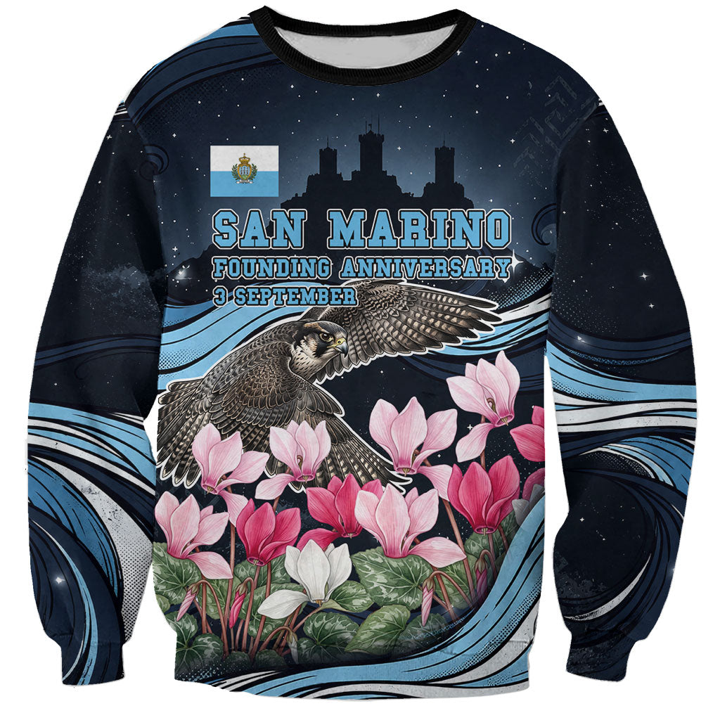 San Marino Founding Anniversary Sweatshirt Freedom Peregrine Falcon - Cyclamen Flowers Towers Flag