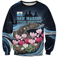 San Marino Founding Anniversary Sweatshirt Freedom Peregrine Falcon - Cyclamen Flowers Towers Flag
