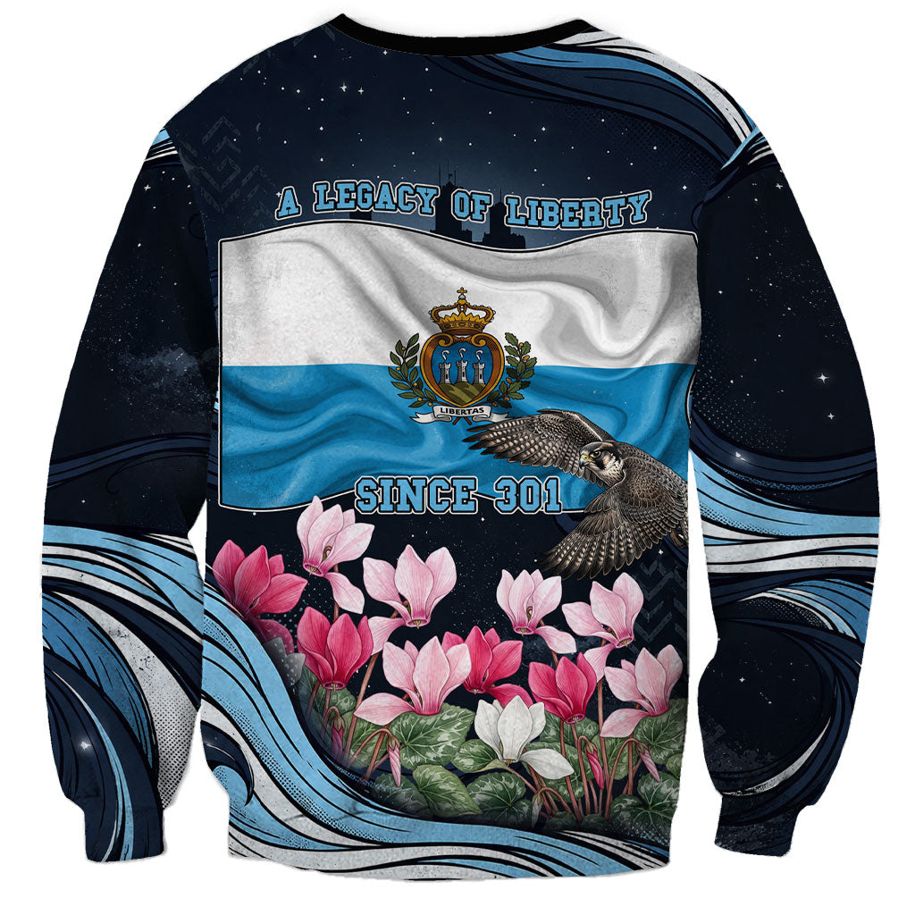 San Marino Founding Anniversary Sweatshirt Freedom Peregrine Falcon - Cyclamen Flowers Towers Flag