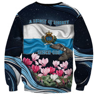 San Marino Founding Anniversary Sweatshirt Freedom Peregrine Falcon - Cyclamen Flowers Towers Flag