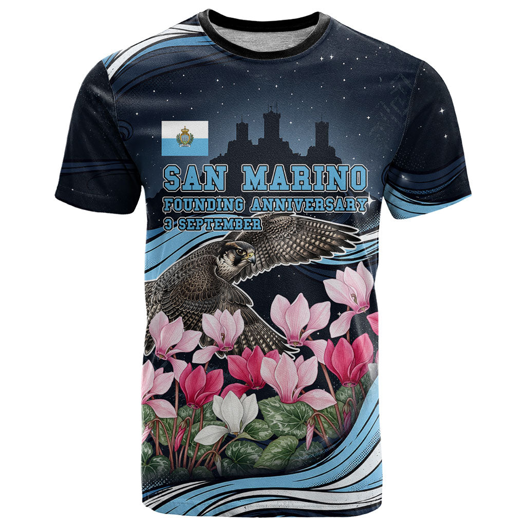San Marino Founding Anniversary T Shirt Freedom Peregrine Falcon - Cyclamen Flowers Towers Flag