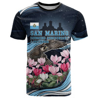 San Marino Founding Anniversary T Shirt Freedom Peregrine Falcon - Cyclamen Flowers Towers Flag