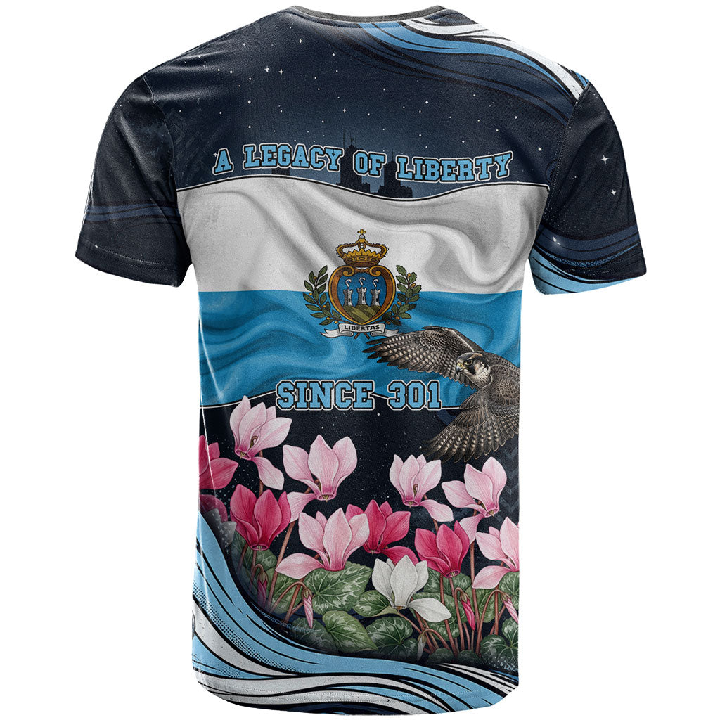 San Marino Founding Anniversary T Shirt Freedom Peregrine Falcon - Cyclamen Flowers Towers Flag