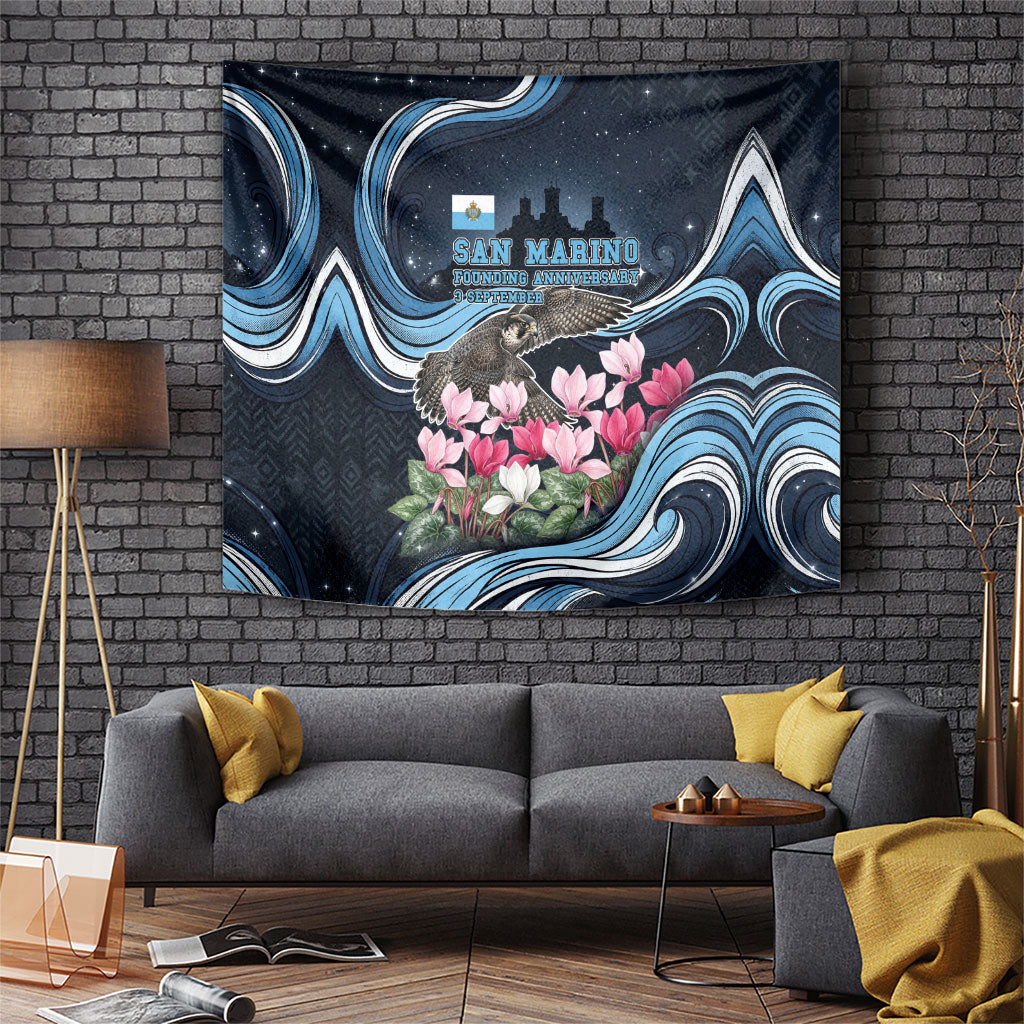 San Marino Founding Anniversary Tapestry Freedom Peregrine Falcon - Cyclamen Flowers Towers Flag