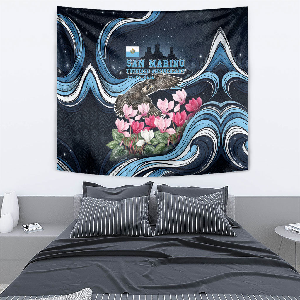 San Marino Founding Anniversary Tapestry Freedom Peregrine Falcon - Cyclamen Flowers Towers Flag