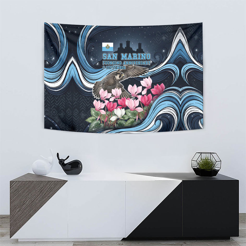 San Marino Founding Anniversary Tapestry Freedom Peregrine Falcon - Cyclamen Flowers Towers Flag