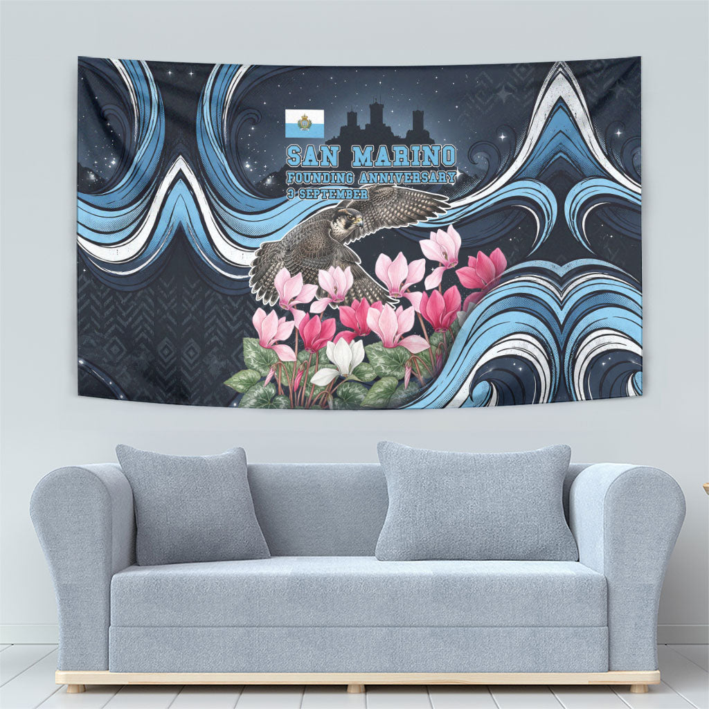 San Marino Founding Anniversary Tapestry Freedom Peregrine Falcon - Cyclamen Flowers Towers Flag