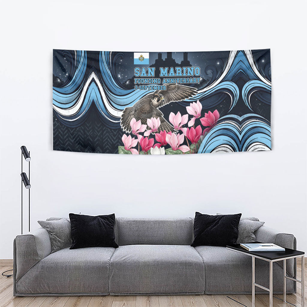 San Marino Founding Anniversary Tapestry Freedom Peregrine Falcon - Cyclamen Flowers Towers Flag