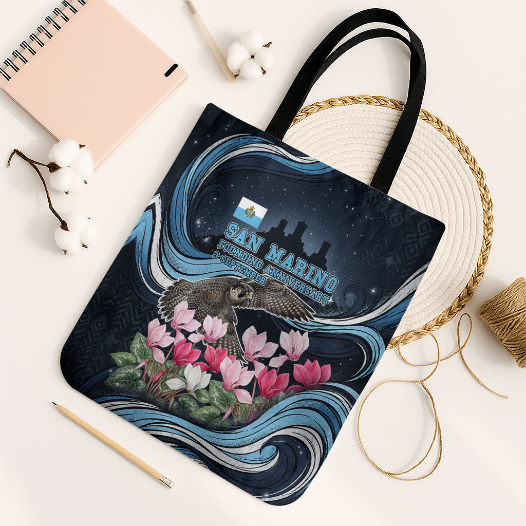 San Marino Founding Anniversary Tote Bag Freedom Peregrine Falcon - Cyclamen Flowers Towers Flag