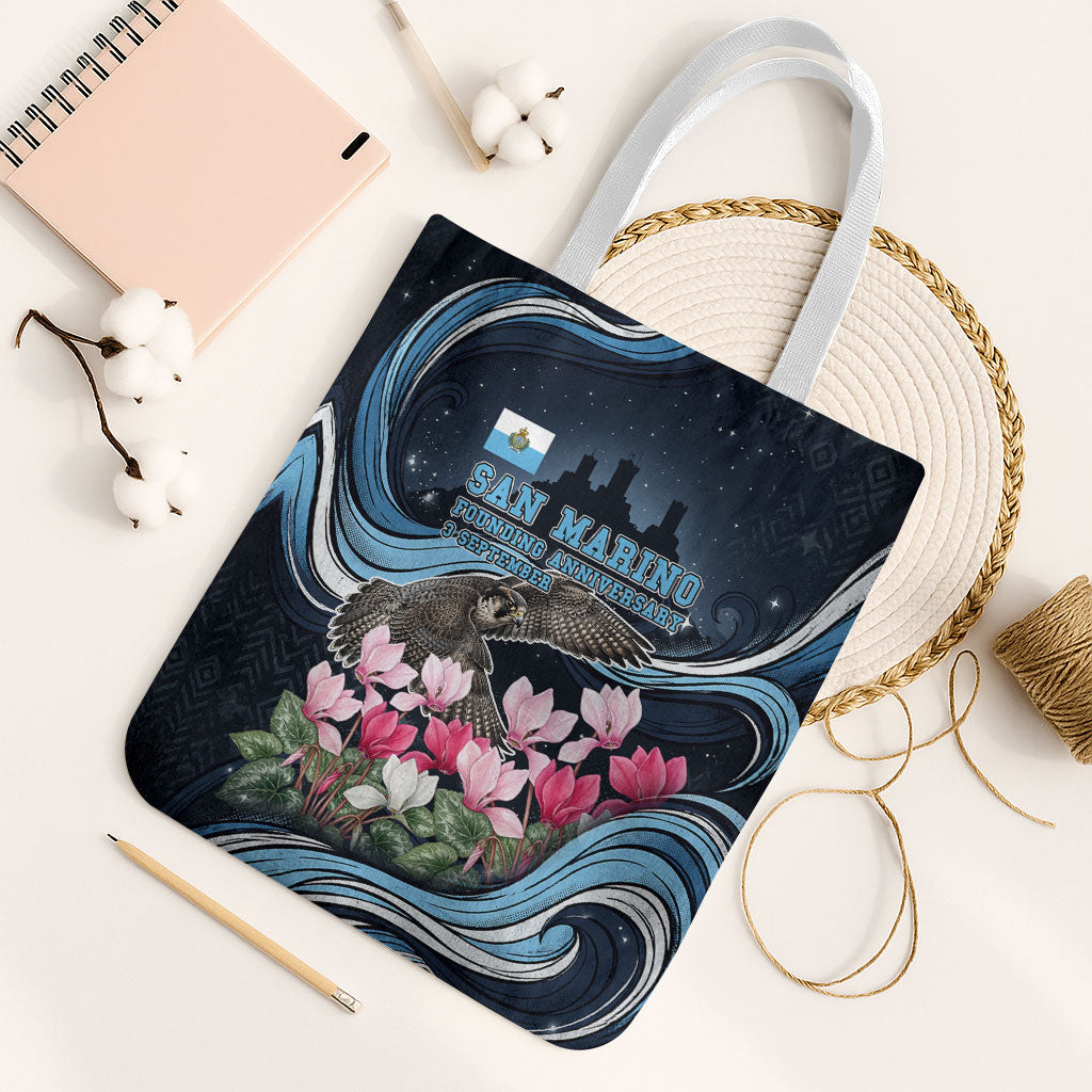 San Marino Founding Anniversary Tote Bag Freedom Peregrine Falcon - Cyclamen Flowers Towers Flag