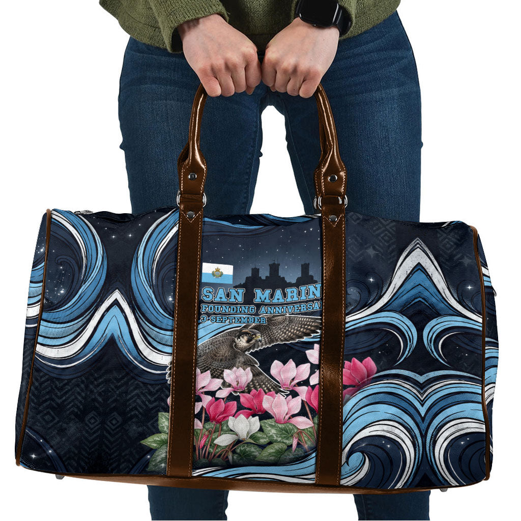 San Marino Founding Anniversary Travel Bag Freedom Peregrine Falcon - Cyclamen Flowers Towers Flag