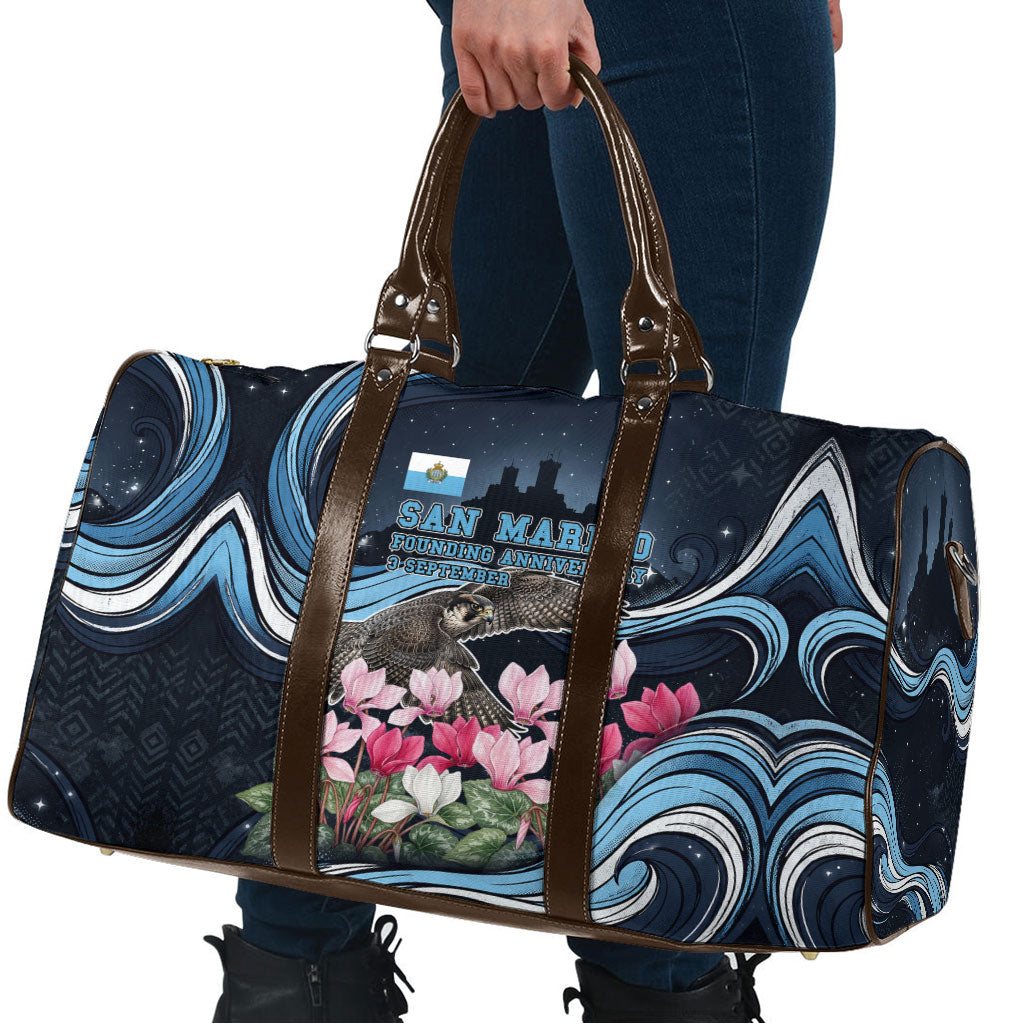 San Marino Founding Anniversary Travel Bag Freedom Peregrine Falcon - Cyclamen Flowers Towers Flag