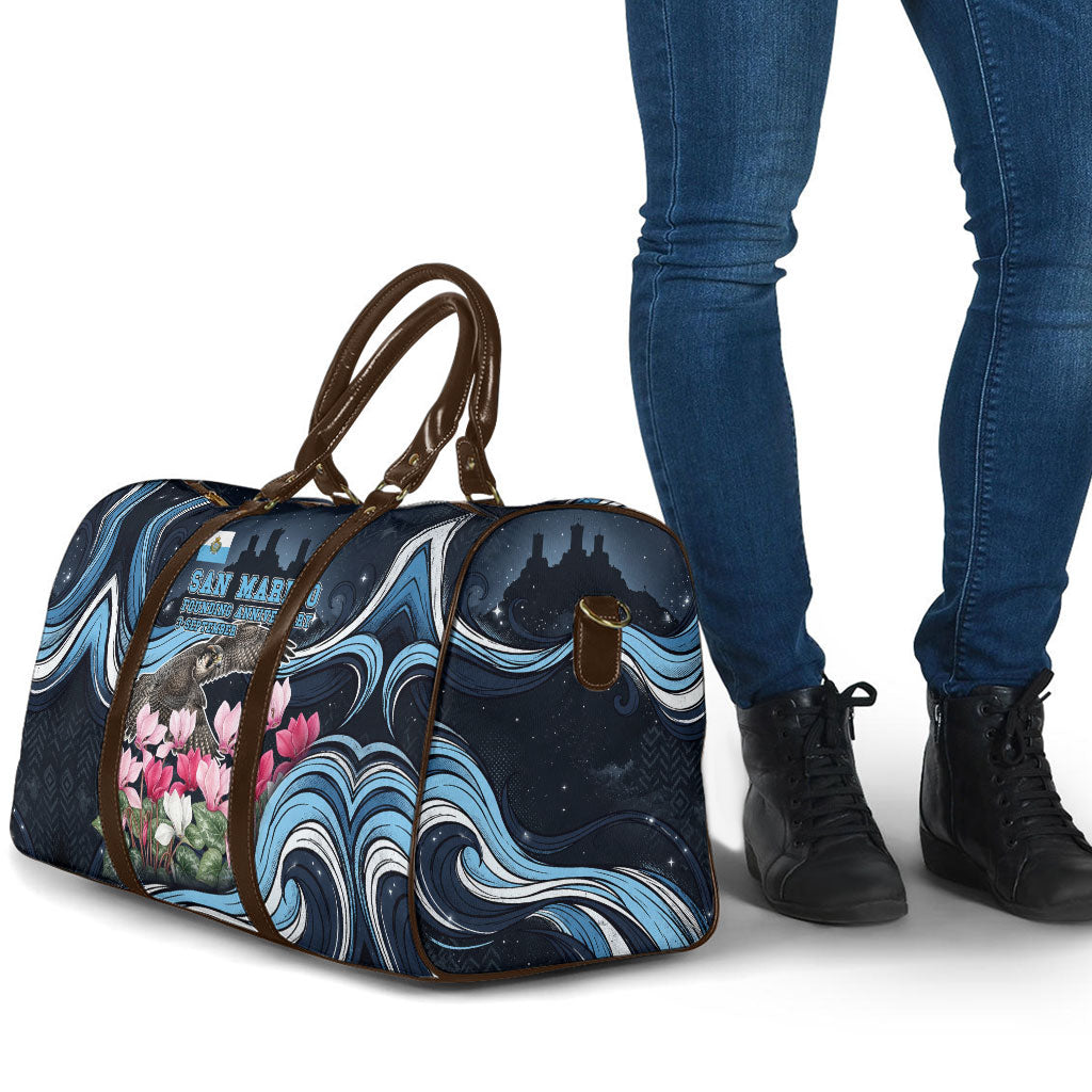 San Marino Founding Anniversary Travel Bag Freedom Peregrine Falcon - Cyclamen Flowers Towers Flag