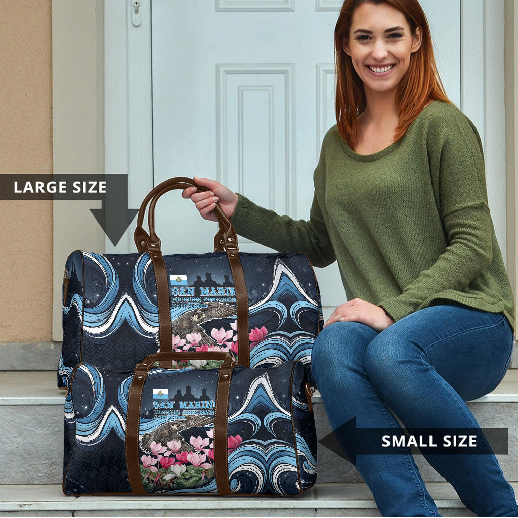San Marino Founding Anniversary Travel Bag Freedom Peregrine Falcon - Cyclamen Flowers Towers Flag