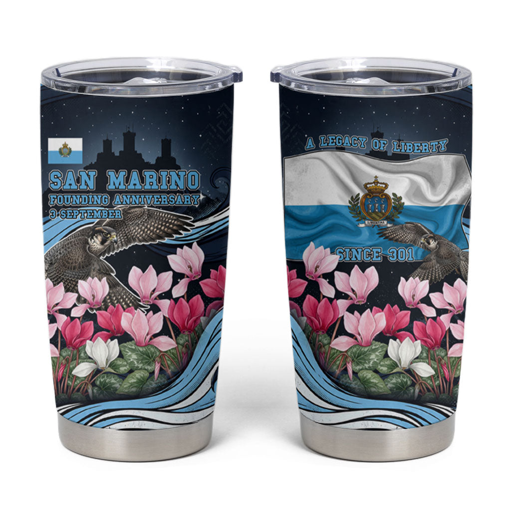 San Marino Founding Anniversary Tumbler Cup Freedom Peregrine Falcon - Cyclamen Flowers Towers Flag