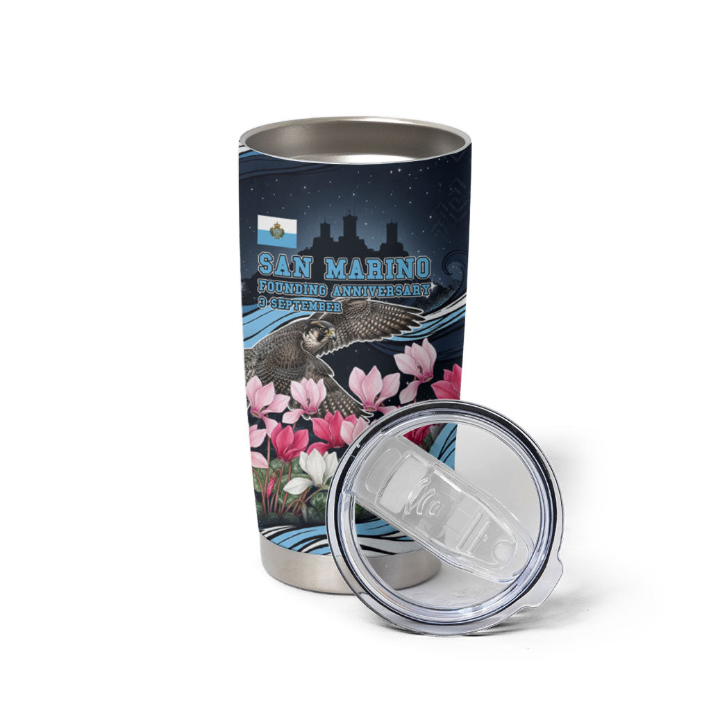 San Marino Founding Anniversary Tumbler Cup Freedom Peregrine Falcon - Cyclamen Flowers Towers Flag