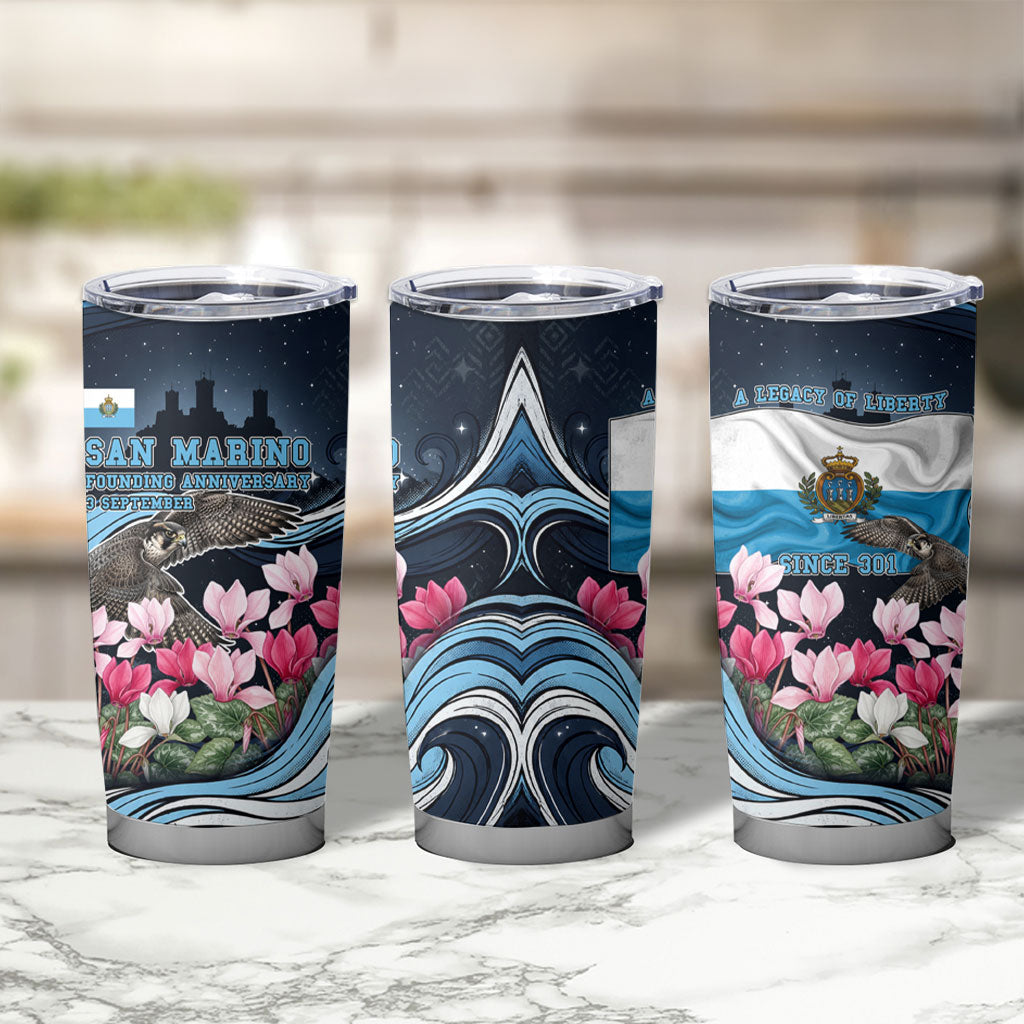 San Marino Founding Anniversary Tumbler Cup Freedom Peregrine Falcon - Cyclamen Flowers Towers Flag