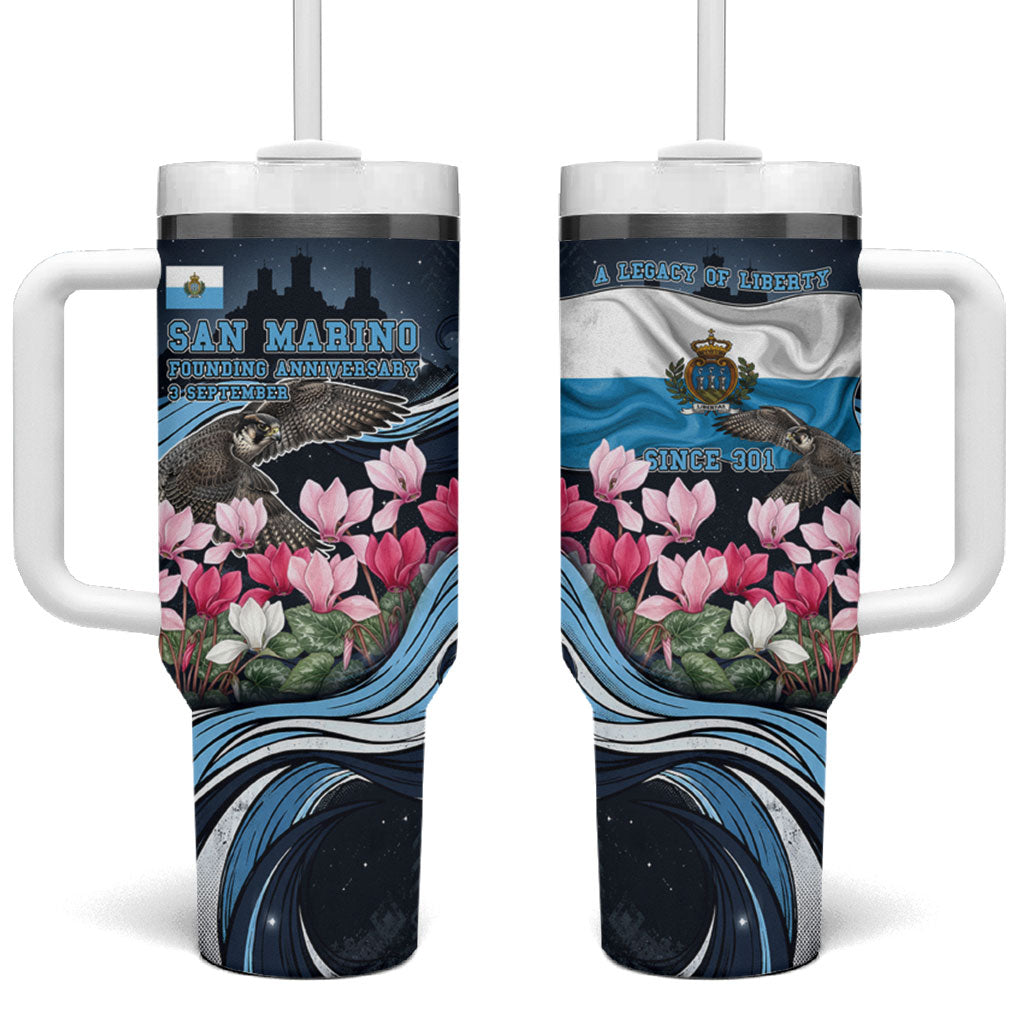 San Marino Founding Anniversary Tumbler With Handle Freedom Peregrine Falcon - Cyclamen Flowers Towers Flag