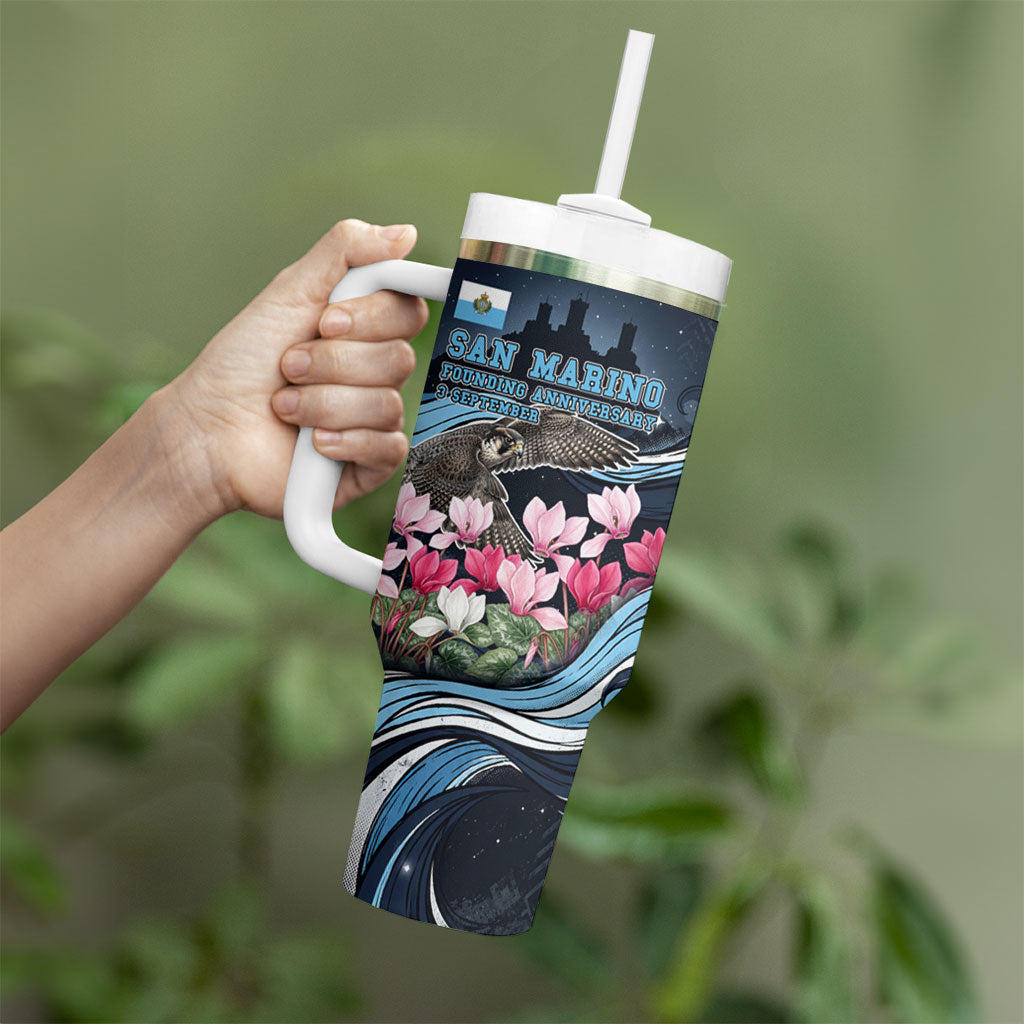 San Marino Founding Anniversary Tumbler With Handle Freedom Peregrine Falcon - Cyclamen Flowers Towers Flag