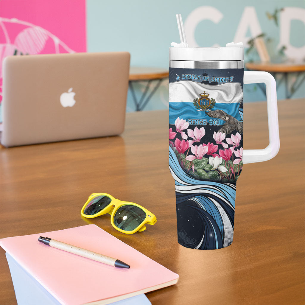 San Marino Founding Anniversary Tumbler With Handle Freedom Peregrine Falcon - Cyclamen Flowers Towers Flag