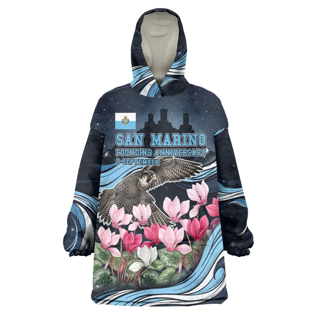San Marino Founding Anniversary Wearable Blanket Hoodie Freedom Peregrine Falcon - Cyclamen Flowers Towers Flag