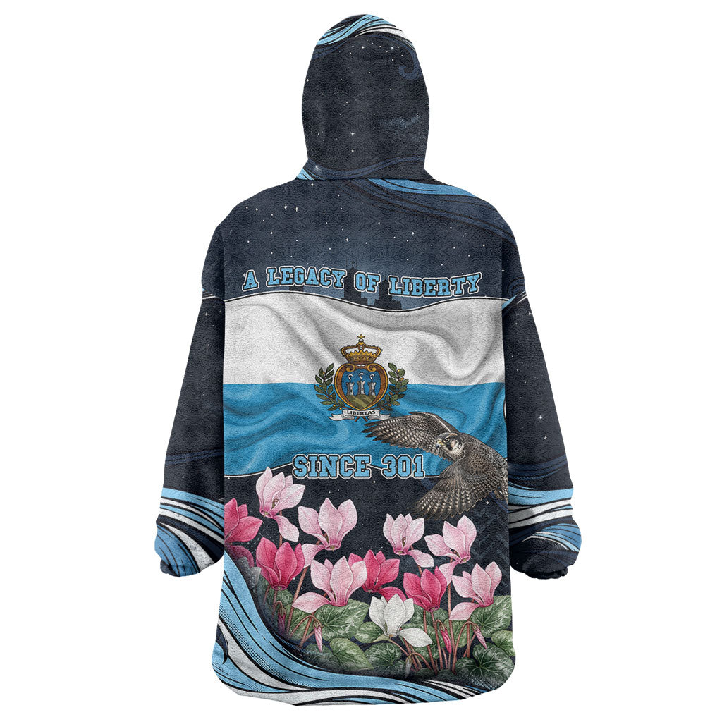 San Marino Founding Anniversary Wearable Blanket Hoodie Freedom Peregrine Falcon - Cyclamen Flowers Towers Flag
