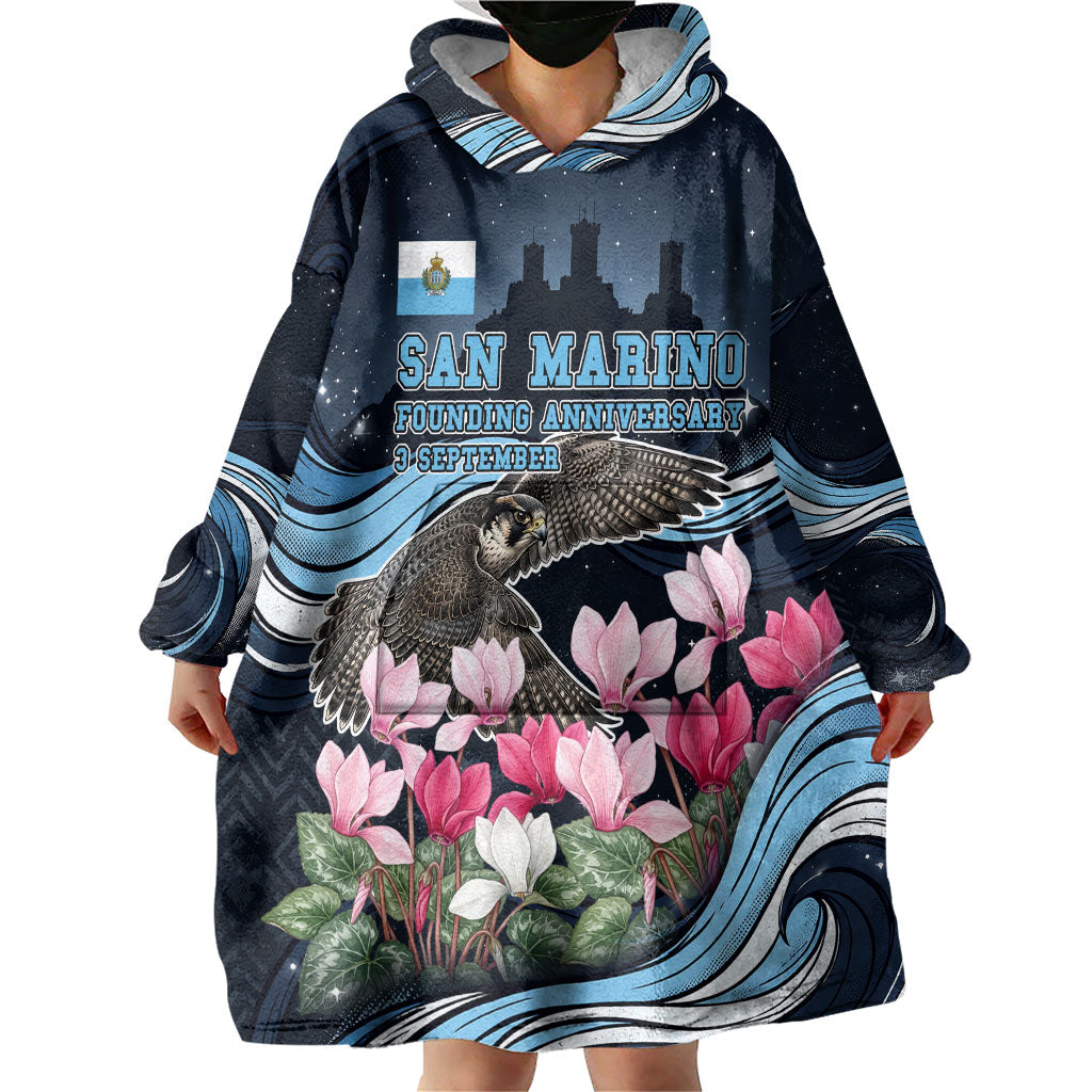 San Marino Founding Anniversary Wearable Blanket Hoodie Freedom Peregrine Falcon - Cyclamen Flowers Towers Flag