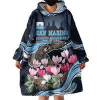 San Marino Founding Anniversary Wearable Blanket Hoodie Freedom Peregrine Falcon - Cyclamen Flowers Towers Flag