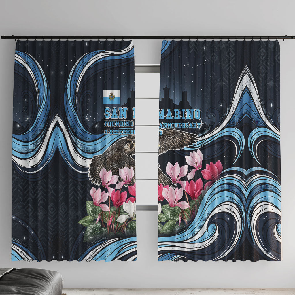 San Marino Founding Anniversary Window Curtain Freedom Peregrine Falcon - Cyclamen Flowers Towers Flag
