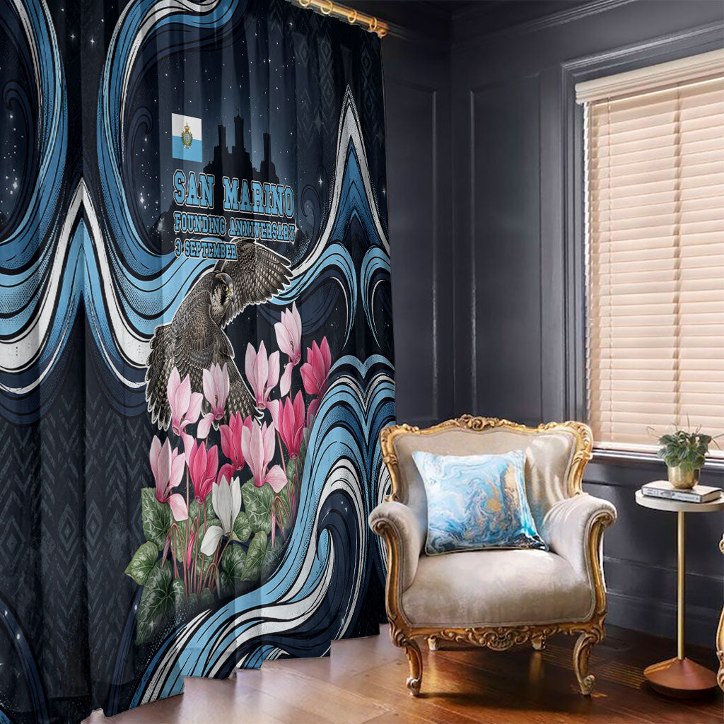 San Marino Founding Anniversary Window Curtain Freedom Peregrine Falcon - Cyclamen Flowers Towers Flag