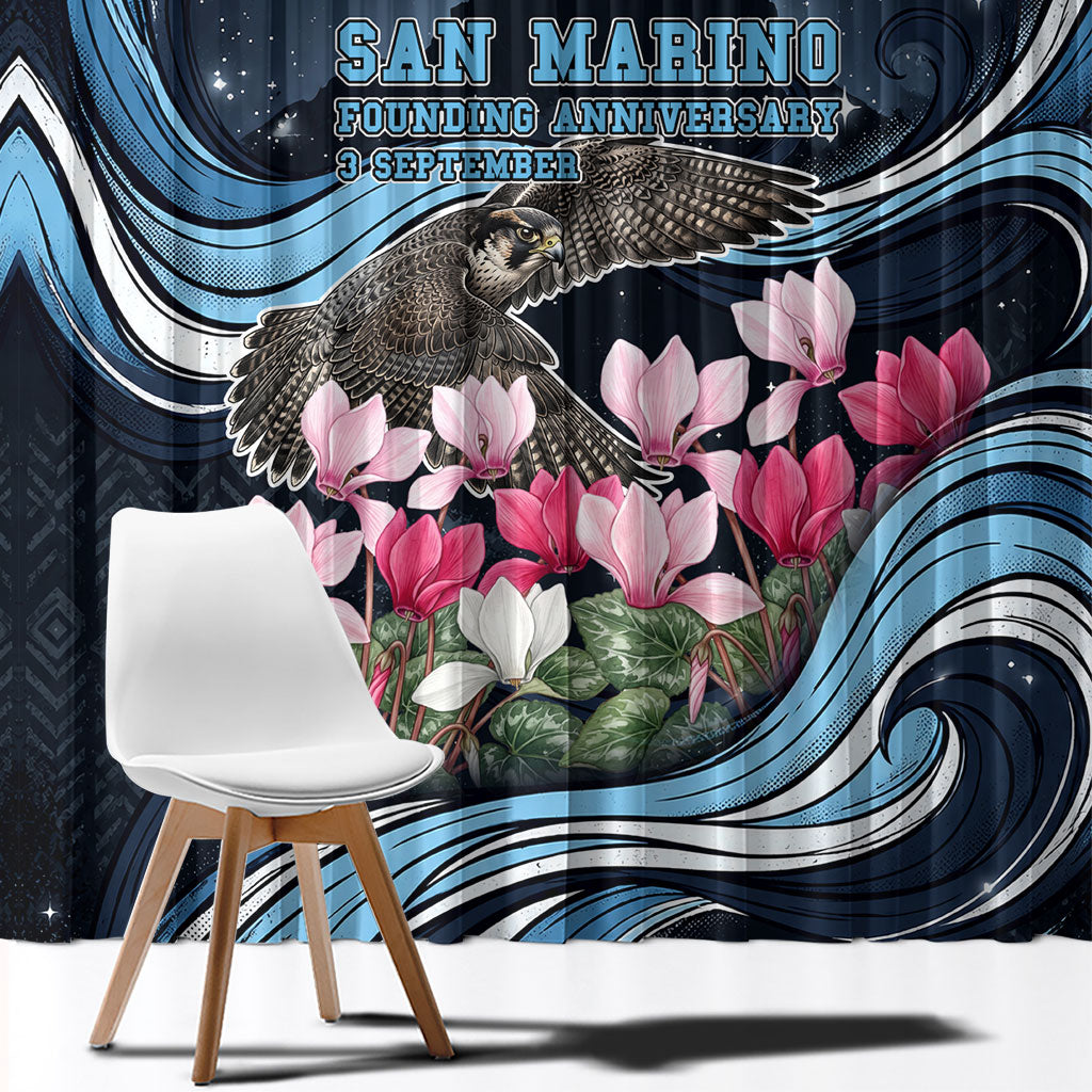San Marino Founding Anniversary Window Curtain Freedom Peregrine Falcon - Cyclamen Flowers Towers Flag